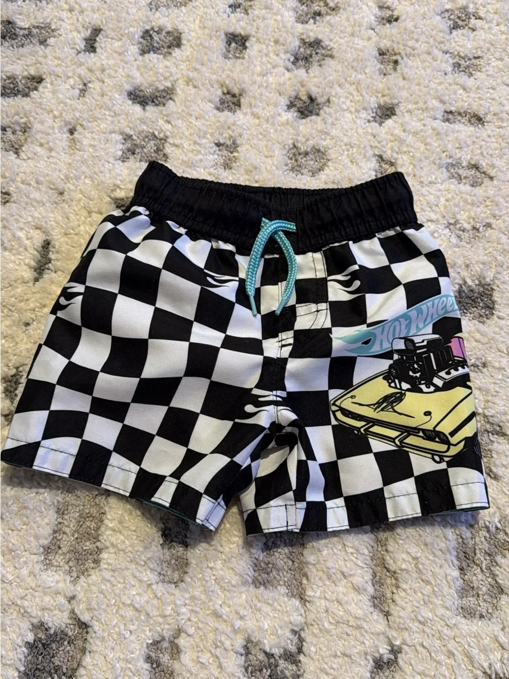 Boys Black & White Check Swim Shorts with Turquoise Drawstring